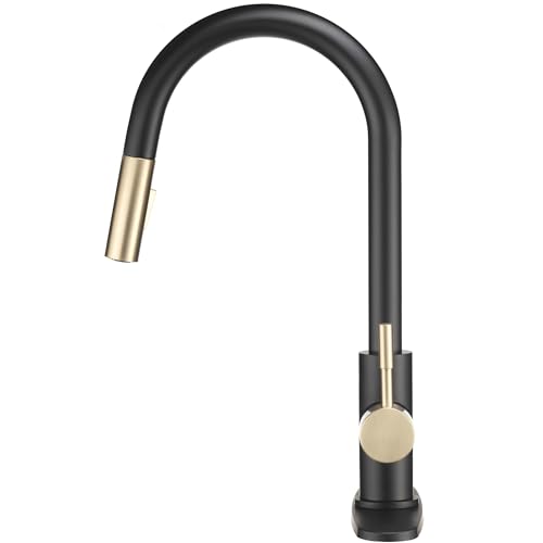 Image of Dura Faucet RV Streamline Single Handle Pull-Down Kitchen Sink Faucet - Optional Deck Plate (Matte Black /Matte Gold)