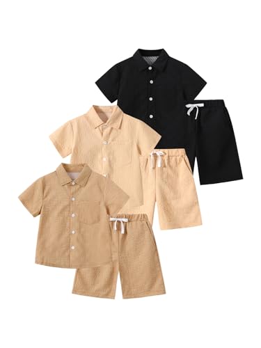 Image of Boys 6 Pieces Summer Beach Outfits Short Sleeve Button Down Shirts and Shorts Vacation Texture Sets for Kids