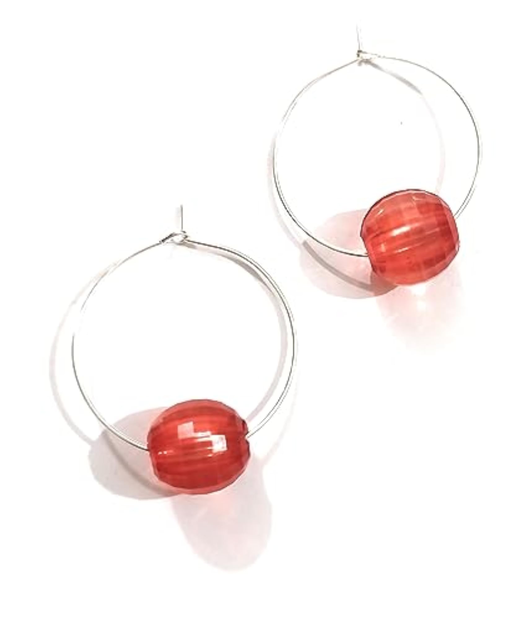 Women's Red Bead Hoop Earrings, Stylish Design
