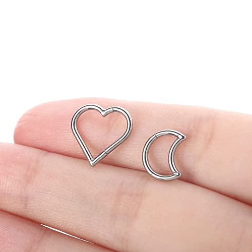 Vojo 2 Pcs G23 Titanium Heart Daith Piercing Jewelry Rook Hoop Tragus Clicker Ring Cartilage Helix Earring For Ear 16G (8Mm+10Mm, Moon Silver+Heart Silver) #TOP4
