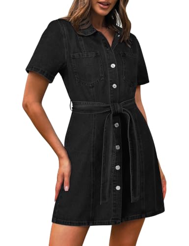 Image of Fengbay Denim Dresses for Women Short Sleeve Button Down Jean Shirt Dress