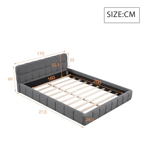 DAHUEN Polsterbett 160x200 mit Lattenrost, Doppelbett, Bubble Bett, mit Gepolstertes Kopfteil, Baumwoll- und Leinenmaterial, Für Erwachsene und Jugendliche (Grau, 160x200 cm) – Bild 3