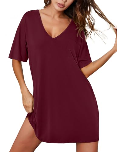 Image of Ekouaer Nightgowns for Women Bamboo Viscose Sleepshirt Short sleeve Nightshirt V Neck T shirt Night gown Boyfriend Sleepwear