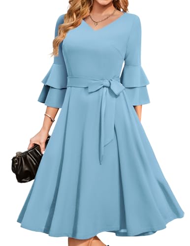 Image of DRESSTELLS Women's Cocktail Dress Summer Wedding Guest Party Vintage 3 /4 Bell Sleeve V Neck A-Line Dress