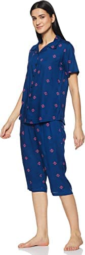 Image of Longies Women's Rayon Pyjama Night Suit Regular Capri Set ((LGRCSSY010 Dark Blue XLarge) XL)