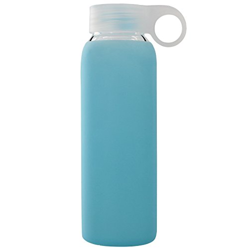 Bonison Jelly Glass Bottle 9 oz Borosilicate Glass Water Bottle with Blue Silicone Protective Sleeve for Travel Office Home