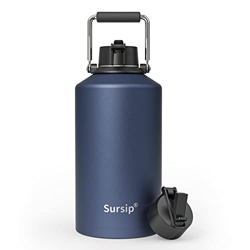Sursip 128 Oz Insulated Water Jug With Straw Lid, One Gallon Vacuum Double Wall Stainless Steel Water Bottle With Handle, Keep Hot & Cold Drinks, Great For Outdoor Sports/Travel/Camping (Navy Blue) #TOP27