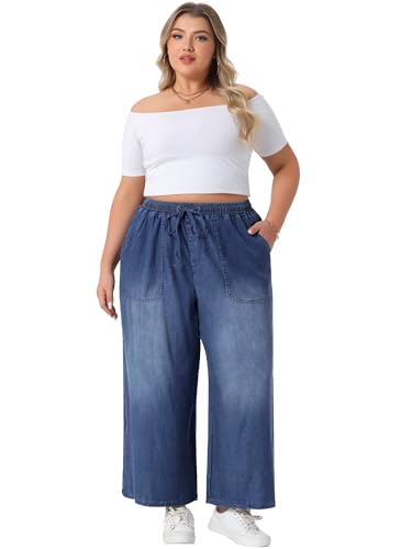 Agnes Orinda Plus Size Women's Wide Leg Jeans Chambray Elastic Waist Baggy Loose Fit Denim Pants with Pockets3