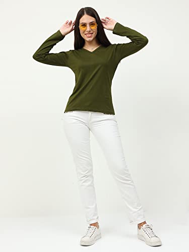Image of FLEXIMAA Women's Cotton Plain V Neck Full Sleeve T-Shirt
