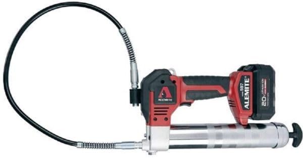 Alemite 597-B Lithium-Ion Grease Gun, 20V, 4.0 Ah High-Capacity Battery, Multi-Function LCD, 18" Hose, 40 Cartridges per Charge, Dual Flow Rates, LED Flashlight, Heavy Duty Case