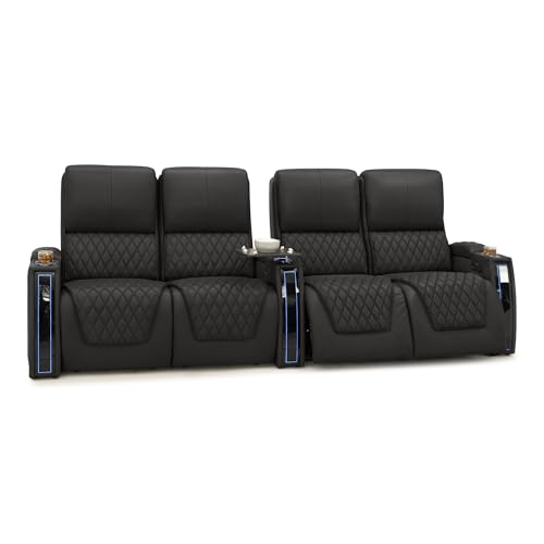 Image of Seatcraft Apex Black Italian Leather Home Theater Seating, Zero Gravity Power Recliner Chair, Powered Headrest and Lumbar Gaming and Lounge Sofa Furniture for Cinema Room, Row of 4 Dual Loveseats