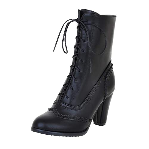 YIFUN Women Mid Boots Fashion Pointed Lacing Ankle Booties Leather High-Heeled Shoes Martin boots, Black, 6.5