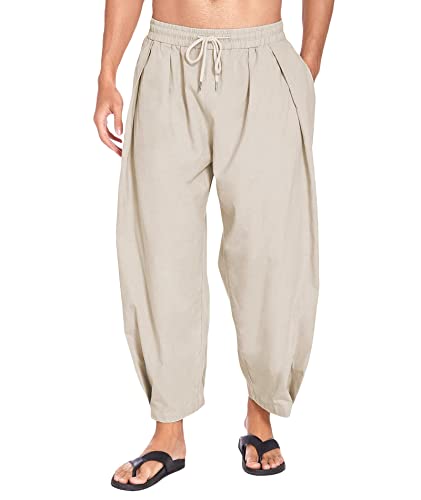 SOMTHRON Men's Linen Harem Pants Casual Loose Fit Elastic Waist Summer Hippie Yoga Beach Baggy Trousers