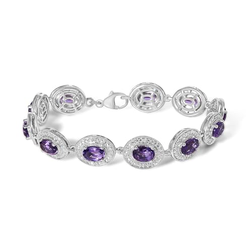 Sterling Silver 5x7 MM Oval Purple Amethyst & Diamond Halo Link Bracelet