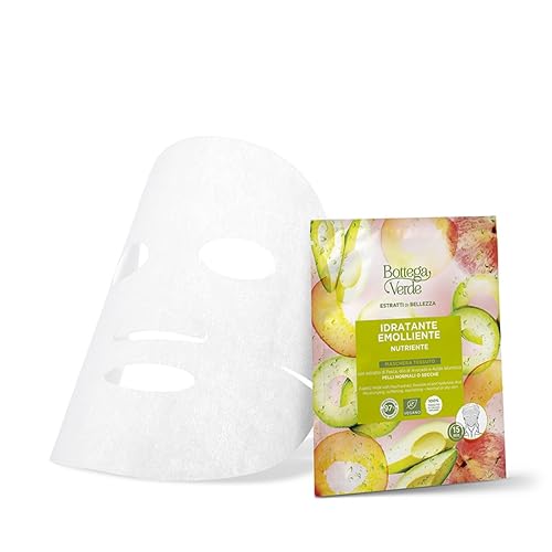 Bottega Verde – Estratti di bellezza, maschera tessuto,1 pezzo, con estratto di Pesca, olio di Avocado e acido Ialuronico,idratante, emolliente, nutriente, pelli normali o secche