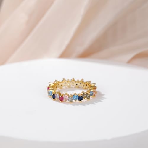 Rainbow Eternity Ring for Women Princess Cut Cubic Zirconia Colorful Stackable Promise Engagement Wedding Band for Her Size 5-102