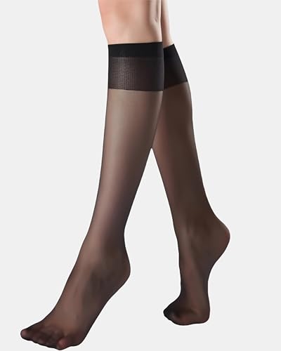 leg elegant Sheer Knee High Stockings for Women, 6 Pairs Knee High Reinforced Toe Nylons Pantyhose for Women (Black)