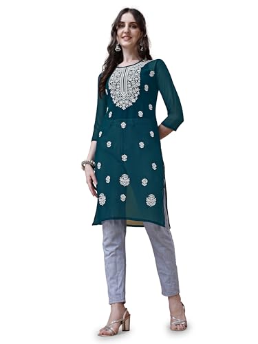 Image of EthnicJunction Women's Georgette Embroidered Straight Kurta | Summer Kurti | Short Kurti for Women | Top for Office |Women's Tunics Tops | Kurta Shirt Top | Regular Fit Top | Tops for Jeans for Women