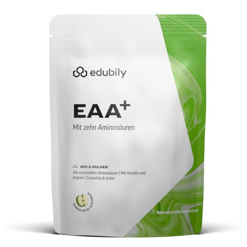 edubily® EAA Pulver - Hochwertiger veganer Aminosäuren Komplex aus 9 essentiellen Aminosäuren (EAAs) plus Arginin - Mit Stevia gesüßt (400 g, Saurer Apfel)