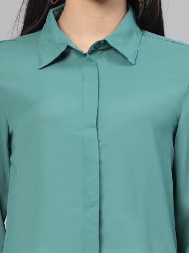 Image of Style Quotient Women Solid Aqua Green Polycrepe Formal Shirt