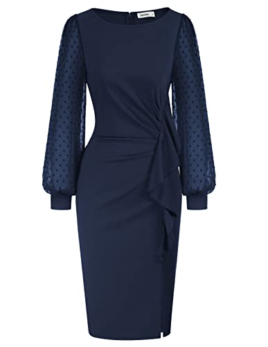 Women's Casual Pencil Dress Swiss Dot Lantern Sleeve Bodycon Dress Wear To Work Office Cocktail Dresses Navy Blue Xxl #TOP11
