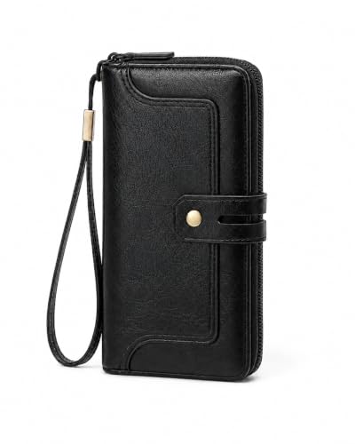 Image of Womens Wallet Rfid Blocking Bifold Leather Wristlet Cute Long Clutch Black | Large Capacity Card Holder Wallet Purse with Zipper,ID Window,Strap for Female Ladies Teen Girls