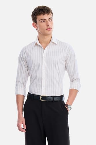 Image of SNITCH Men Semi-Formal Shirt | Modern Slim Fit Full Sleeve Point Collar Vertical Stripe Pattern | Cotton Blend Stretch Fabric for Office & Business Casual Wear
