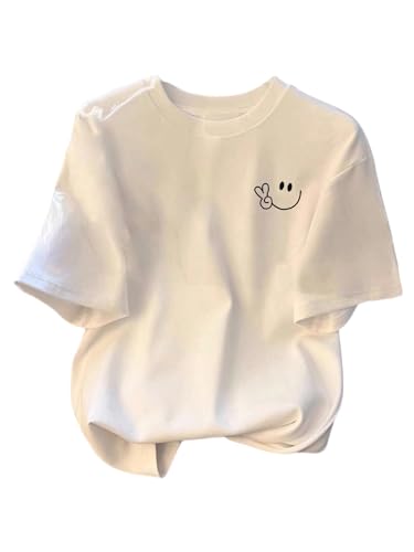 Image of RoseSeek Women's Bow Print Short Sleeve Round Neck Oversized Tops Basic Loose Fit Drop Shoulder Tees for Summer