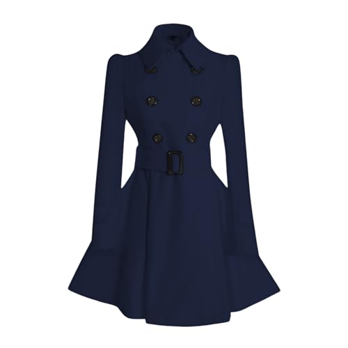ForeMode Damen-Mantel mit zweireihigem Swing-Wollmantel mit Gürtelschnalle, mittellang, langärmelig, Revers, Outwear, Marineblau, Small
