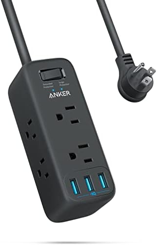 Anker USB Power Strip Surge Protector(300J), 5ft Extension Cord, Flat Plug, 331 PowerStrip with 6Outlets & 3USB-A Ports, Charging Station, Compact for Travel,Home,Room,School,Office,TUV Listed (Black)