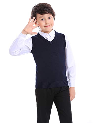 TOPTIE Kid Uniform Sweater Vest V-Neck Cotton Knit Pullover (Navy/Black)-Navy-12