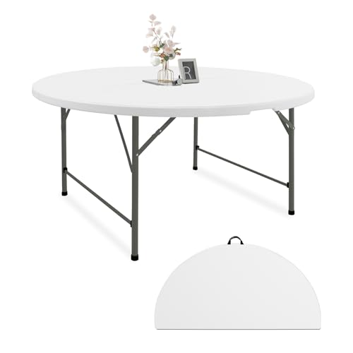 Fivenl 4 FT Round Folding Tables White Foldable Table Fold-in-Half with Carrying Handle Portable Plastic Table for Party Dining Wedding Camping Picnic Indoor Outdoor Events