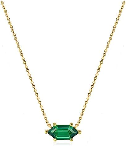 Emerald Pendant Necklace for Women,14K Gold Plated 925 Sterling Silver Dainty Created Green Emerald,Trendy/Fashion/Stylish/Everyday Wear/Beach Jewelry Birthday Gift for Women&Girl (14K Gold/Created Emerald)