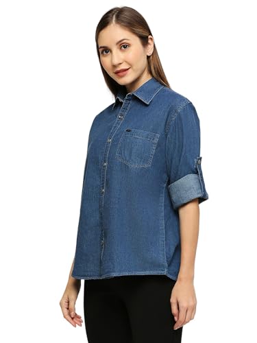 Image of Women's Denim Shirt with Roll-up Sleeves, Blue, 100% Cotton | Classic Denim Shirt | Shirt for Women Stylish Western | Beach Summer Shirt for Women
