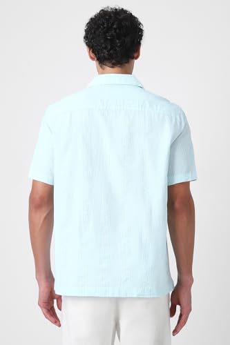 Image of Peter England Men's Casual Half Sleeve Resort Collar Shirt in 100% Cotton Seersucker with Striped Design
