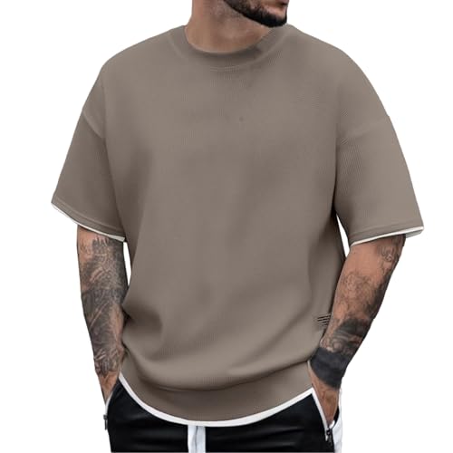 Tshirt Homme, Ete Décontractés Sport T-Shirt Unis Oversize Col Rond Coupe Large Tee Shirt Manches Courtes Long Grande Taille Chemise, Coffee, M
