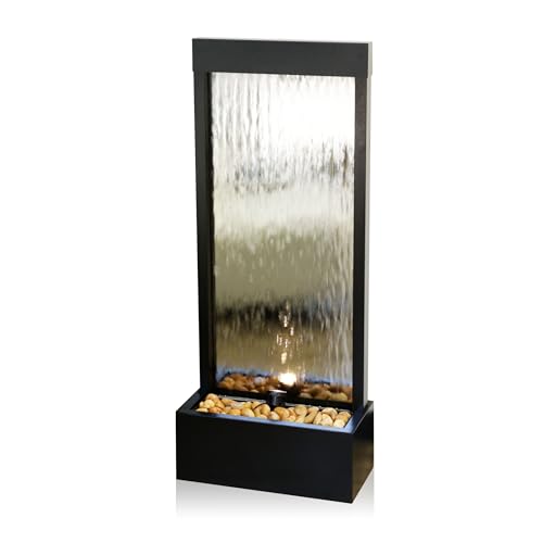 Image of Alpine Corporation - Mirror Waterfall Fountain with Stones & Lights - Zen Indoor /Outdoor Decor for Office, Living Room, Patio, Entryway - 48 Inches (Silver)