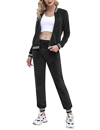 Hyppry Ensemble de survêtement 2 pièces en velours pour femme - Manches longues et fermeture éclair - Sweat à capuche et pantalon de survêtement, Noir , XXL Cover