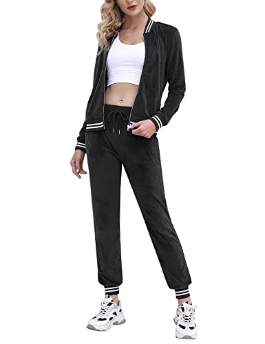 Hyppry Women's Tracksuits Ladies Velour Tracksuit 2 Piece Long Sleeve Zip Up Hoodies Outfit Hoodie Jogger Casual Sweatsuits Loungwear Set