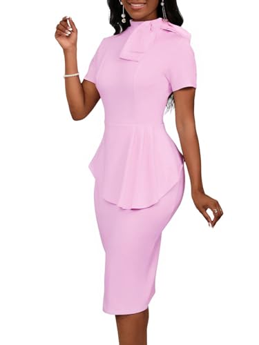 Image of WanMem Women Formal Bodycon Peplum Cocktail Dress Short Sleeve Bow Ruffle Pencil Party Midi Dresses
