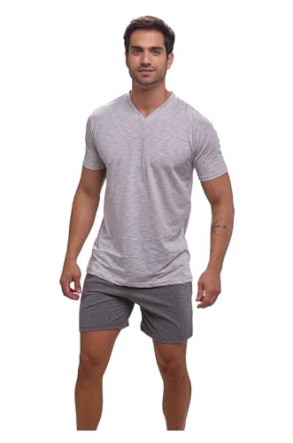 El Mejor Listado de Pijamas Caballero - 5 favoritos. 50 Alfani - Pijama para Hombre, Conjunto Playera Manga Corta y Bermuda con Bolsa 100% Algodon-Oxford/Jaspe-M