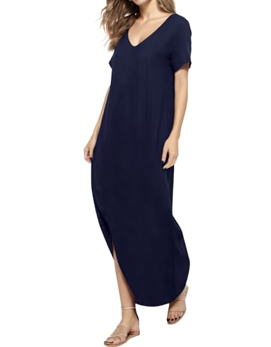 Image of Match Women's V-Neck Casual Loose Short Sleeve Long T-Shirt Dress Split Maxi Dress with Side Pocket