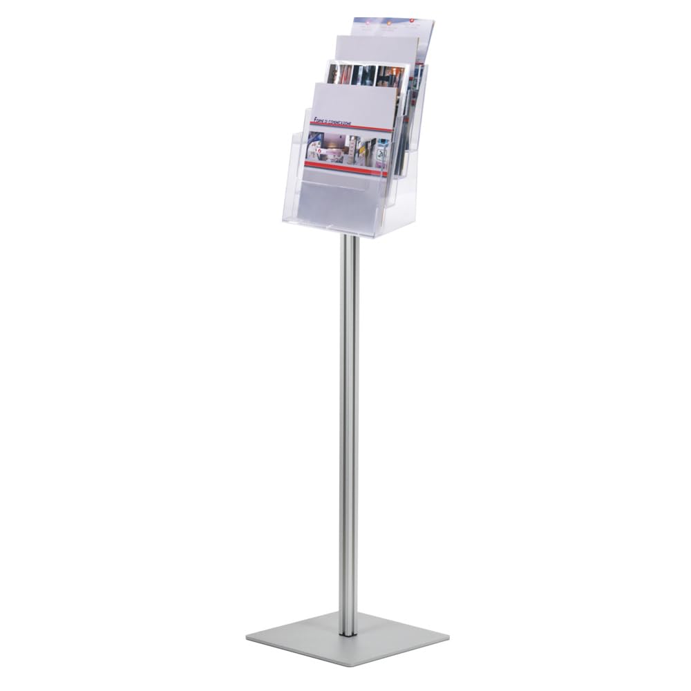 Espositore Portadepliant a Piantana da terra con 4 Tasche A4 in plexi, montante in alluminio e base in metallo per un'ottima stabilità - Serie Quadra
