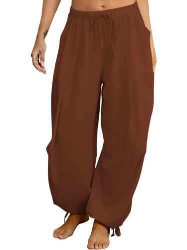 Image of Women's Linen Balloon Barrel Beach Pants Boho Harem Flowy Drawstring Casual Loose Pants with Pockets