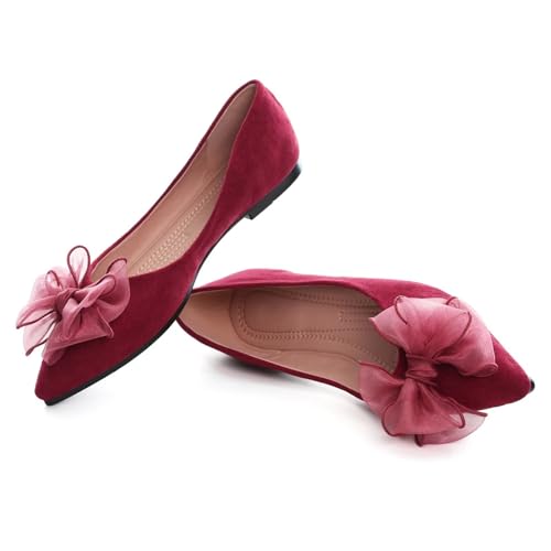 Image of SAILING LU Womens Bowknot Ballet Flats Pointy Toe Suede