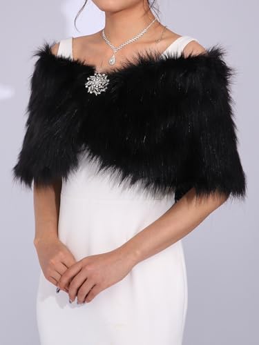 Aukmla Women Wedding Faux Fur Shawls and Wraps Bridal Fur Cape Stole Bridesmaid Bride Winter Cover Up with Rhinestones Brooch2