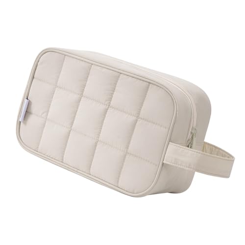 Image of Narwey Quilted Makeup Bag Puffy Make up Bag Cosmetic Bag Organizer, Puffer Travel Toiletry Bag for Traveling Women Girl, Travel Bag for Toiletries, Skincare Medicine Bags (Beige)