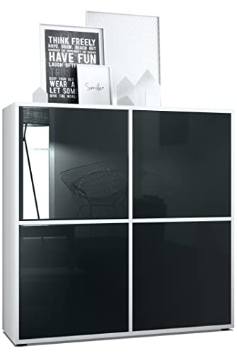 Vladon Highboard Cuba V2 Placard 104 x 105,5 x 35,5 cm Buffet à 8 Compartiments, Caisson en Blanc Mat/façades en Noir laqué Haute Brillance