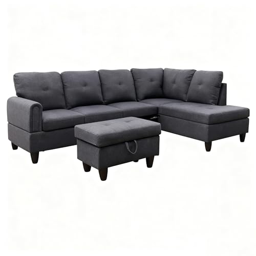 Recopilación de Sofás del mes. 49 GRASQUILINE Sofá modular en forma de U: cama convertible de tela de lino para espacios pequeños y apartamentos, sofá de sala de estar con tumbona y almohadas