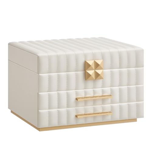 SONGMICS HOME Kolekcja ANAH - Pudełko na biżuterię z lustrem 3 poziomy, miejsce na biżuterię 2 szuflady, PU z przeszyciami, 21,5 x 24 x 15,8 cm, pomysł na prezent, chmurna biel JBC183W01
